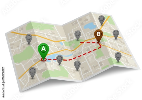Wallpaper Mural Flat illustration of a folded map showing a marked route from point A to point B on white background Torontodigital.ca