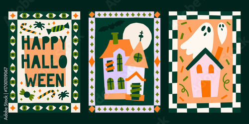 Cutout style Halloween vector posters set. Cute retro groovy fall print designs with scary house, ghosts illustrations in playful frames