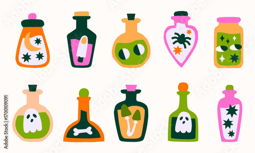 Cute simple Halloween characters vector illustration set. Magic potions bottles clipart