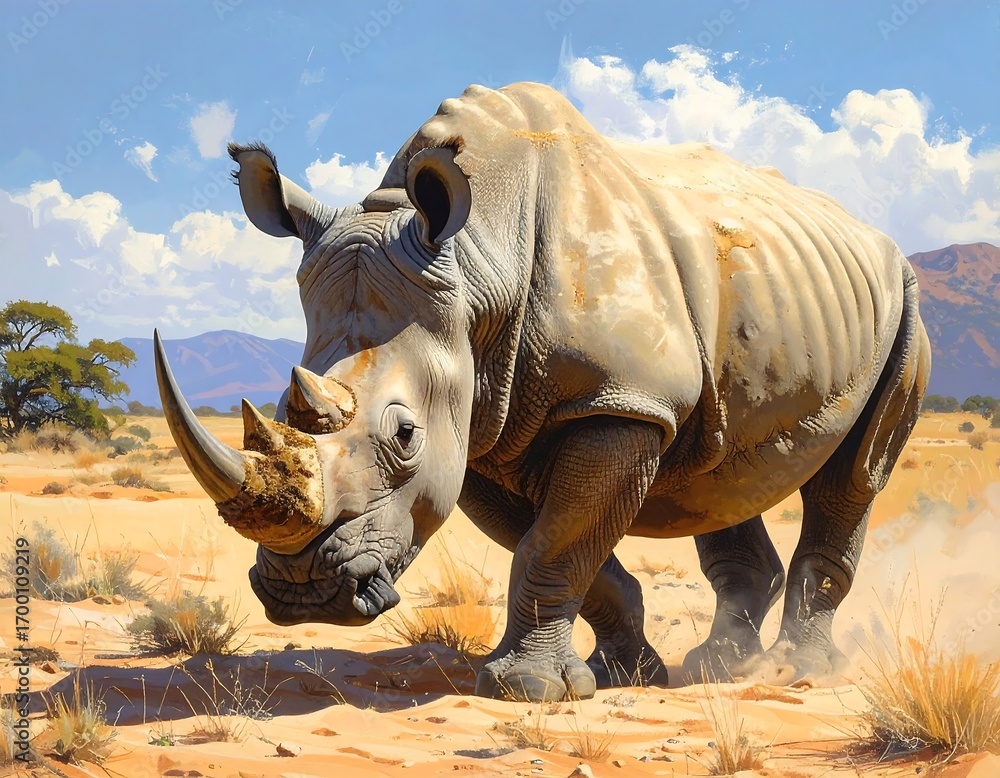 Fototapeta premium Rhino Majesty: A Wildlife Portrait in the African Savannah Landscape