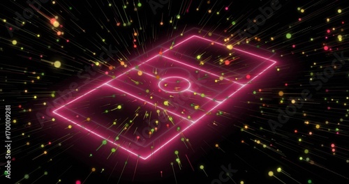 Floating neon-outlined soccer pitch rotating in dark void, with multicolored light particle trails