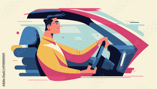 A man happily drives a car, focused on the road ahead. The colorful background conveys a sense of speed and freedom during a sunny day.