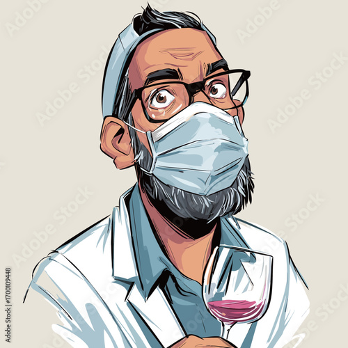 A medical professional in a white coat and mask carefully inspects a glass of red wine. The setting appears contemporary, emphasizing the blend of science and sommelier expertise.