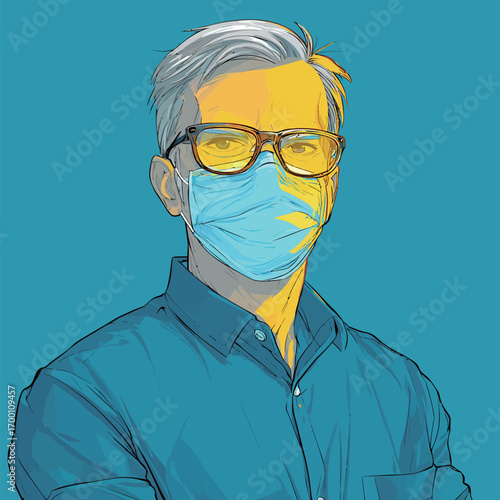 A man with short gray hair and glasses wears a face mask while posing confidently against a bright blue background. The artwork highlights his features and expression.