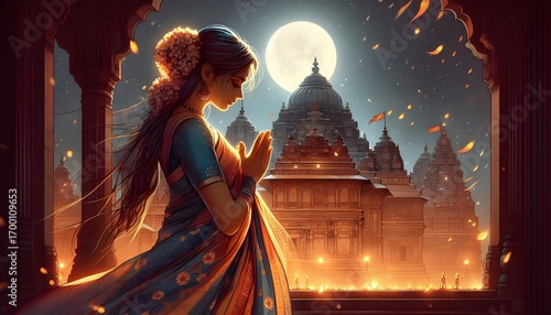 indian woman wearing a saree is worshipping with folded hands during  the night time in the temple with illuminated yellow light and moon showing , amavashya night