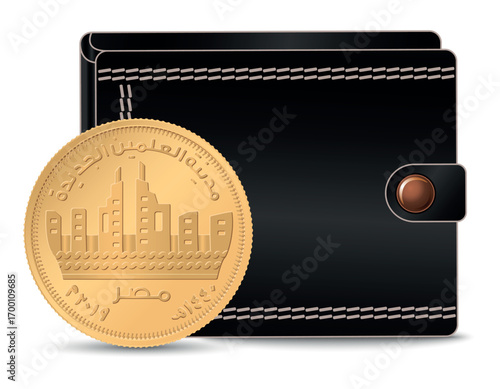 Egyptian money with a wallet in the background. 50 piastres Egypt, city of El Alamein. A 50 piastres coin next to the wallet.