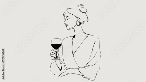 A stylish woman enjoys a glass of red wine, exuding elegance and relaxation. Her outfit and demeanor suggest a moment of leisure and indulgence in a chic setting.