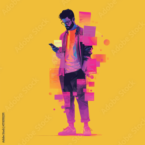 A young man dressed casually checks his smartphone while standing still. Colorful abstract shapes and papers surround him, creating a dynamic and modern atmosphere.