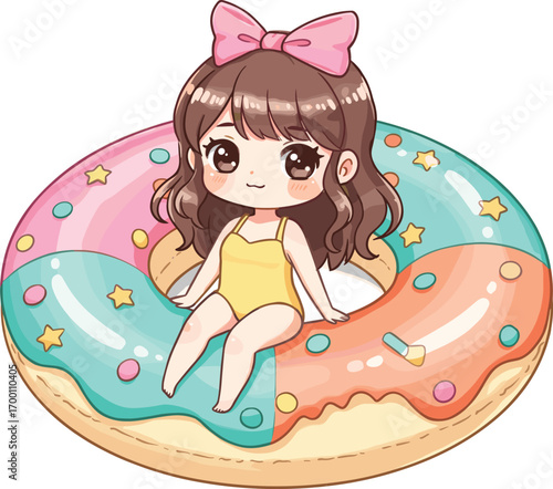 Adorable cartoon girl in swimsuit, sitting on donut float, summer pool fun, cute child character, colorful inflatable water toy