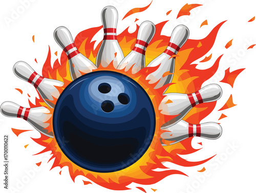 Blue bowling ball striking pins with fire, explosive sports illustration, bowling action, competitive game, lane strike, dynamic vector design