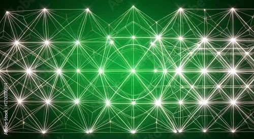 Abstract geometric network with glowing connections and intricate patterns on a deep green background.