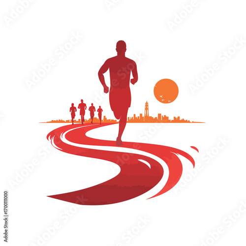 A runner leads the way on a winding red path, with three other runners following closely behind in a lively city setting at sunset.