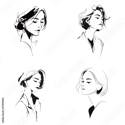 Four elegant sketches display women with various hairstyles and thoughtful expressions, captured in a minimalist artistic style that emphasizes simplicity and elegance.