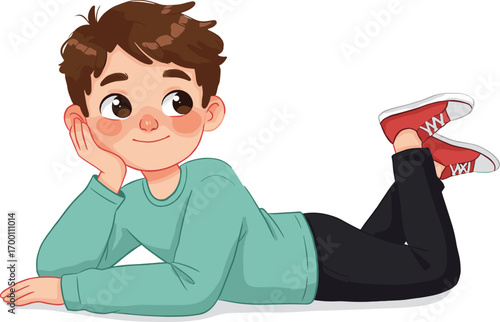 Cartoon boy lying down, relaxed child pose, daydreaming kid, casual resting boy, thoughtful character, cozy relaxed illustration, chill moment