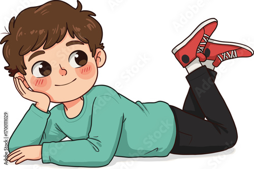 Cartoon boy lying down, relaxed child pose, daydreaming kid, casual resting boy, thoughtful character, cozy relaxed illustration, chill moment