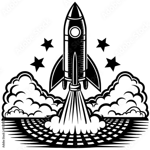 A vector illustration of a cartoon rocket in space