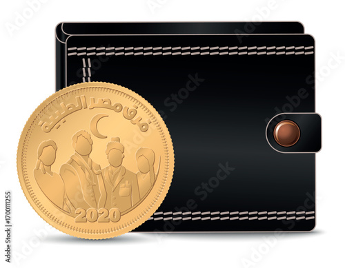 Egyptian money with a wallet in the background. 50 Qirsh, Piastre, Egypt 2020. Egyptian doctors. A 50 piastres coin next to the wallet.