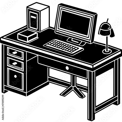 Vector illustration of a contemporary home office with kitchen interior design, computer, and appliances