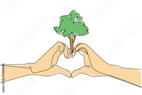 Two hands form a heart while holding a small green tree, symbolizing care, love, and protection for nature in single line drawing style, reflecting a nature concept for World Environment Day.