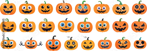 Playful Pumpkins: A cheerful array of smiling pumpkins with diverse expressions, bringing the fun of Halloween to life.