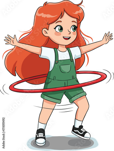 Cute cartoon girl playing with hula hoop, outdoor activity, active child character, fun exercise, happy kid enjoying movement