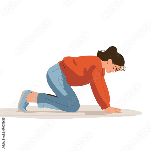 A woman is engaged in a crawling exercise indoors, positioned on her hands and knees while wearing comfortable attire. The lighting creates a bright atmosphere.