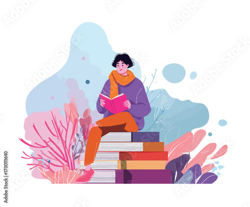 Individual engaged in reading a book while seated on a stack of vibrant books amidst a colorful abstract background. The scene conveys tranquility and curiosity.