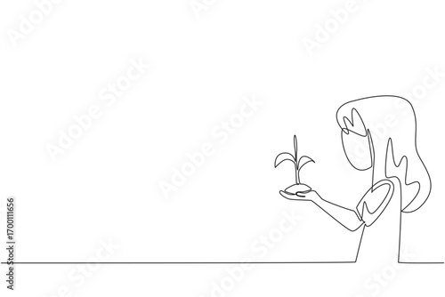 Single line draw of a girl holding a plant sprout illustrates nature concept under World Environment Day, emphasizing eco awareness, sustainability, and the role of future generations in conservation