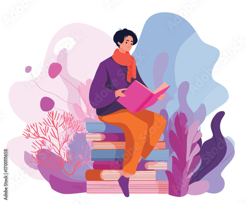 A young individual enjoys reading a book, seated on tall stacks of books. The setting features colorful, abstract shapes and plants, creating a lively atmosphere.