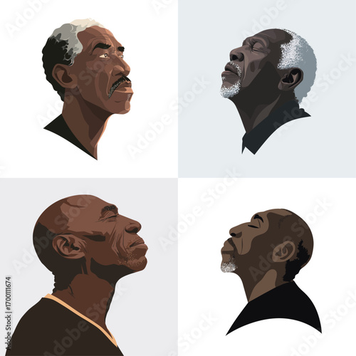 Four artistic profiles of older men showcase diverse expressions and hairstyles. Each figure is portrayed in a thoughtful pose, reflecting on various aspects of life.