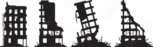Ruined Building Vector Set Damaged Architecture Destruction Disaster Aftermath