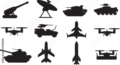 Military Might Silhouettes A Collection of Tanks, Drones, and Artillery on Transparent
