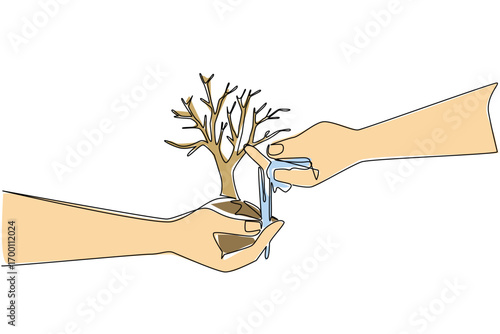 One line drawing of human hands watering a dry tree, symbolizing conservation, care, sustainability, and responsibility to revive nature and protect the Earth on World Environment Day.