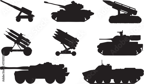 Arsenal of War Silhouettes Collection of Tanks, Missiles, and Artillery on Transparent