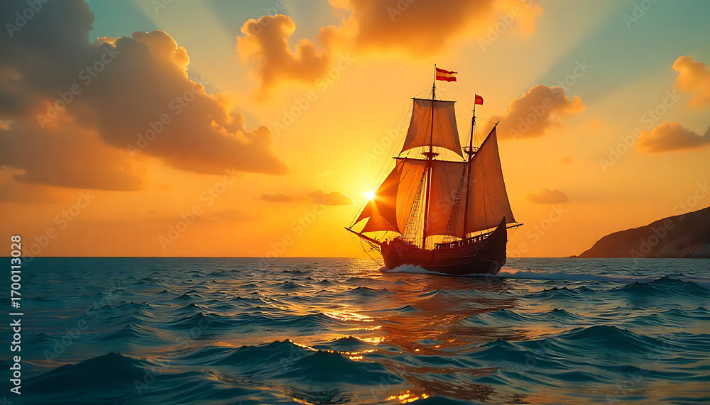 Fototapeta premium sailing ship in the sunset, HD and 4k image