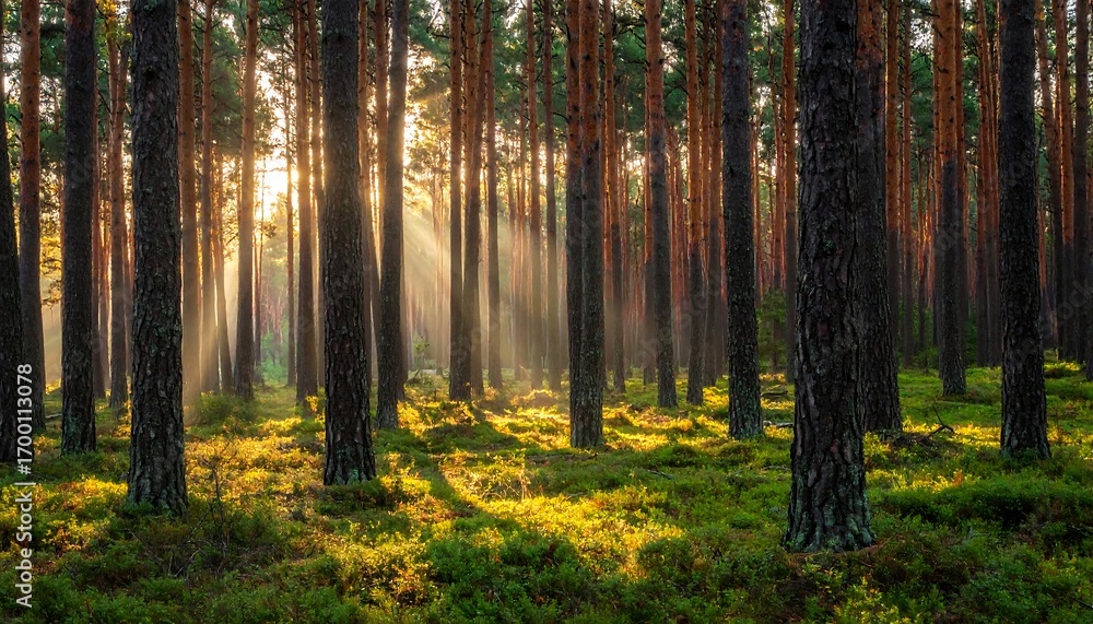 Fototapeta premium Sunlight streams through a dense pine forest, illuminating the mossy ground below.