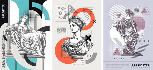 Stylish posters with antique statues and geometric shapes