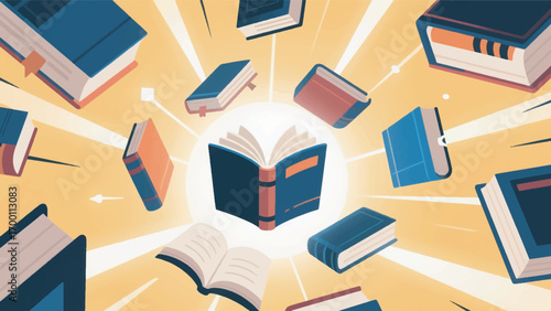 illustration of books flying and emitting light vector design template
