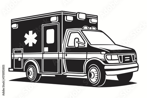 Black and white illustration of an ambulance with star of life symbol