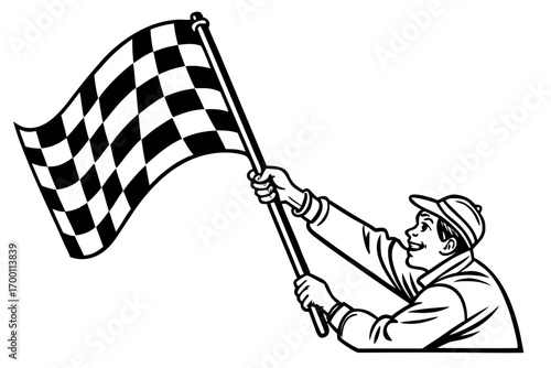 Man waving a checkered flag at a race finish line