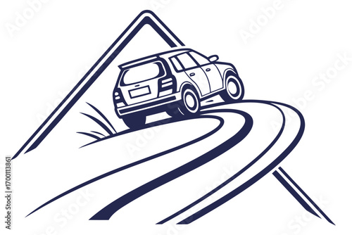 Suv driving on a winding road with mountain outline