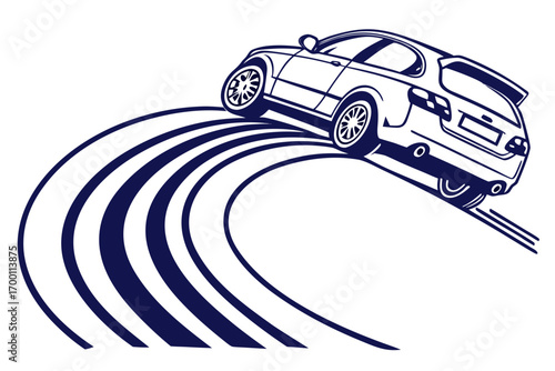Car drifting on a curved track with tire marks