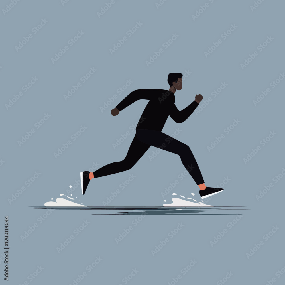 Fototapeta premium A man in athletic attire is sprinting swiftly, water splashes around him as he moves. His posture conveys energy and determination during daytime activity.