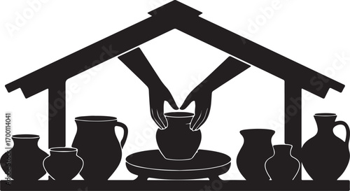 Pottery Workshop Silhouette with Hands Shaping Clay Under a Rustic Roof Structure