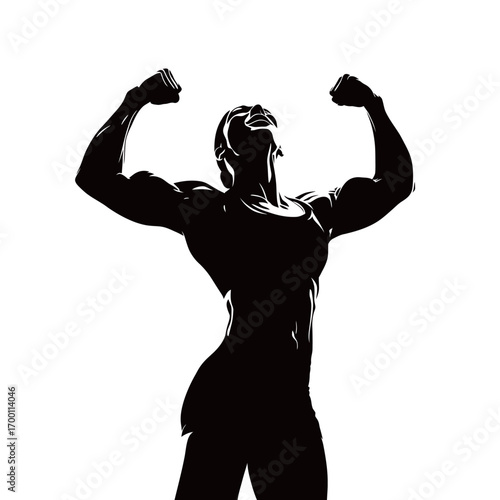 A muscular individual raises their arms in triumph, showcasing their strength and excitement. The figure stands confidently, embodying achievement and perseverance.