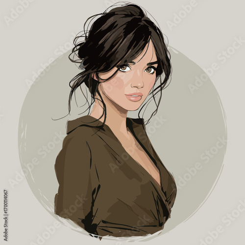 A young woman poses with a confident expression, showcasing her dark hair styled loosely.