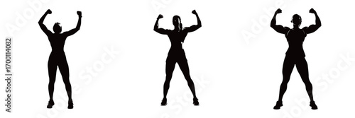 Three strong silhouettes of athletes flexing their muscles and showing determination. The powerful figures embody strength and perseverance in a fitness context.