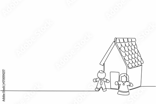 Continuous line drawing depicting a gingerbread man and woman standing beside a decorated gingerbread house, designed for National Gingerbread Cookie Day as a festive and joyful holiday concept