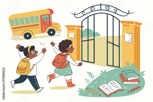 Children excitedly heading to school with backpacks and a bus
