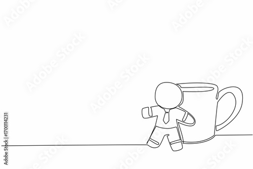 Single line drawing of a gingerbread man cookie placed beside a warm coffee mug, symbolizing cozy holiday moments and the festive joy of National Gingerbread Cookie Day in a minimalist art concept.